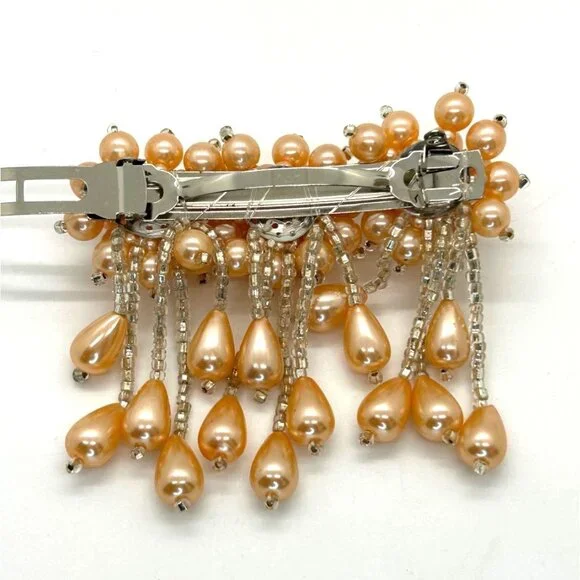 Vintage Hair Barrette Faux Pearl Apricot Peach Pastel Orange Bridal Formal Prom - Picture 11 of 13